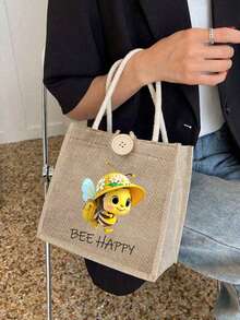 女款多功能托特包，印有可愛蜜蜂與「BEE HAPPY」圖案，度假風字母設計購物袋，適合婚禮、生日、海灘及各種節日場合，亞麻托特包，教師節禮物袋，便攜輕量可折疊收納袋，簡約百搭，護理師、醫生、教師感謝收納袋，母親節禮物，個人旅行化妝收納袋，購物袋，教師節與開學季最佳禮物選擇 - 彩色 - 查看 6