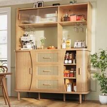 High-Quality Sideboard With Rattan Look And Glass Sliding Doors, 174.5cm High Kitchen Cabinet With Storage Space, Natural Wood/Walnut Look, Load Capacity Up To 60kg - Wood + MDF + Metal - View 1