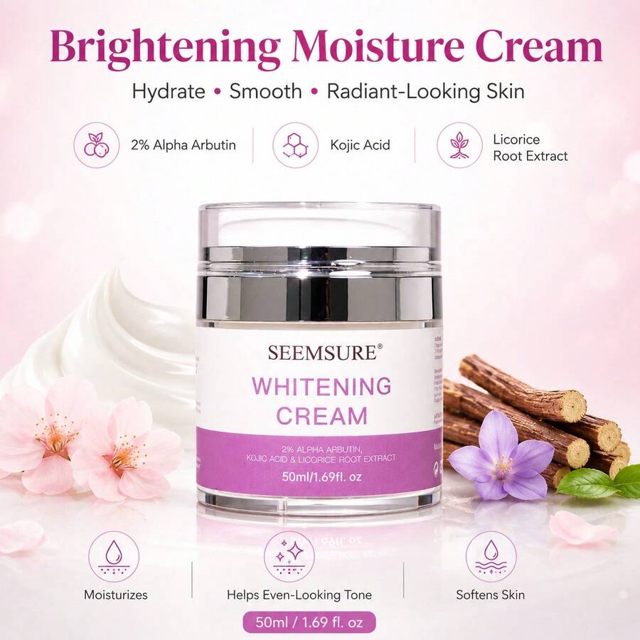 seemsure 亮白保濕面霜 50ml,含 2% α-熊果苷、麴酸與甘草根萃取的日常臉部保濕乳,輕盈補水面霜,幫助平滑肌膚、改善暗沉膚色,打造光澤亮麗妝感 - 白色 - 查看 1