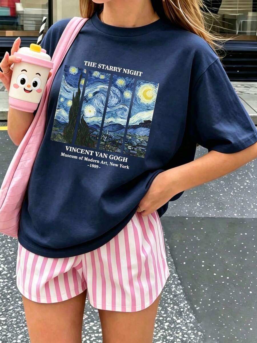 1件少女星形印花短袖T恤,舒适时尚的夏季上衣,适合年轻学生 - 藏蓝色 - 查看 1
