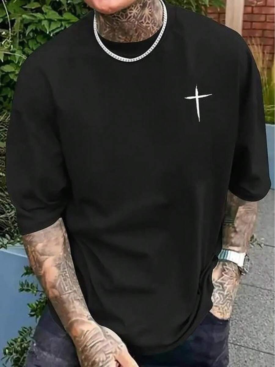 Camiseta casual de manga corta para hombre estilo retro con patrón cruz simple, para usar en todas las estaciones, negra, buena idea para regalo de HalloweenAbrir en una nueva pestaña. - Negro - Ver 1