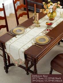 ABEST6522 Home&Living store 100% Polyester Creme Jacquard Tischläufer mit Dreieck-Bogenkante, rosa Rosenstickerei und Cut Out Cutwork-Spitzenrand, Vintage Blumen Deko Tischläufer für Esstisch, Hochzeit, Landhausstil, Teetisch, Heimdekoration - Verschiedenfarbig - Übersicht 2