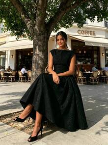 Women's Boat Neck Cap Sleeve Midi Dress, Corset Waist A-Line Flare Dress, Elegant Formal & Bridesmaid Dress - 黑色 - 查看 9