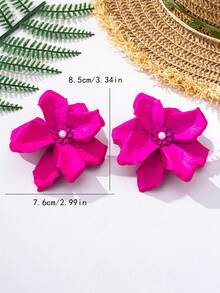 Korean Style Atmospheric Faux Flower Stud Earrings, Daily Versatile Elegant Rose Red Petal Earrings - Hot Pink - View 3