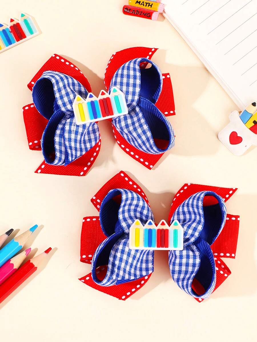 2pcs Blue Red Back To School Hair Bows,Pencil Bow Hair Clips,Elegant Ribbon Plaid Hairpins, Cute Y2k Hair Accessories For Girls Students School Party - Multicolor - View 1