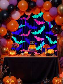 1pc 1*2m Fluorescent Bat Rain Curtain, Halloween Theme Party Backdrop, Glows Under Fluorescent Light, Party Decoration, Suitable For Holiday Party And Celebration Decor, Halloween, Create Festive Atmosphere - Multicolor - View 4