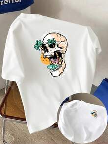Estilo tropical, estampado de calaveras tanto en la parte delantera como en la trasera, nueva camiseta de cuello redondo para hombre, top holgado de moda casual y deportiva, camiseta de mang - Blanco - Ver 1