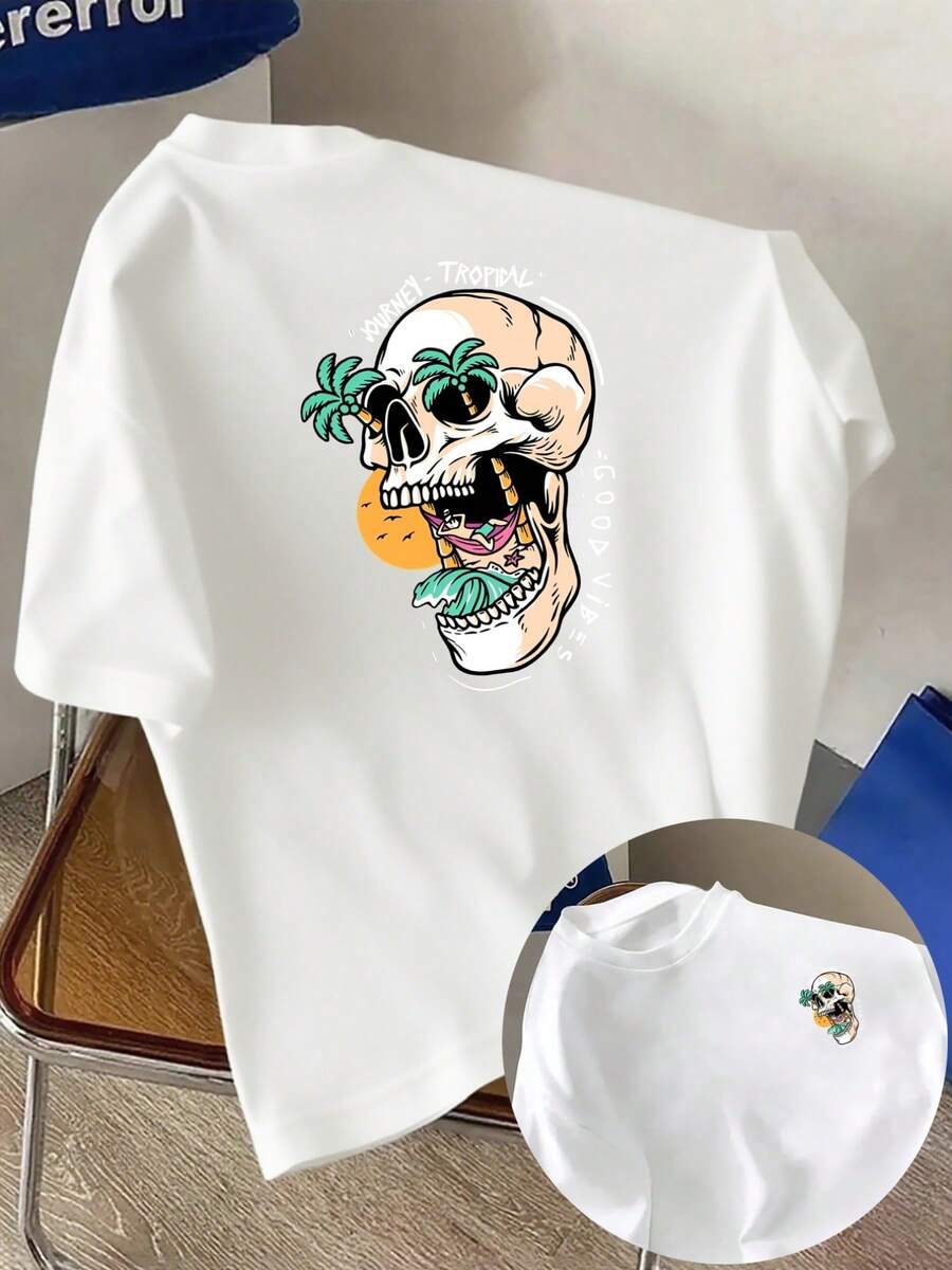 Estilo tropical, estampado de calaveras tanto en la parte delantera como en la trasera, nueva camiseta de cuello redondo para hombre, top holgado de moda casual y deportiva, camiseta de mang - Blanco - Ver 1