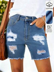 Cross-Border Women's Summer New Hot-Selling Street Style Commute Minimalist Casual Denim Distressed Design Denim Shorts - Dark Wash - View 1