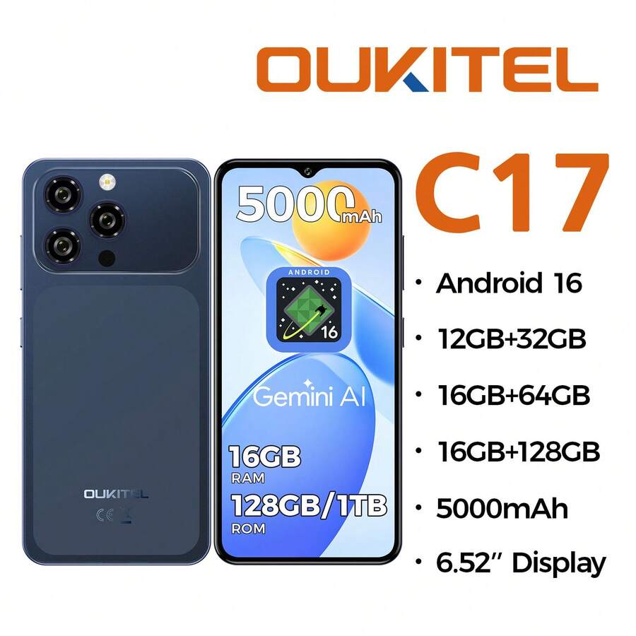 OUKITEL C17 Android 16 解鎖手機 2026-12GB+32GB/16GB+64GB/16GB+128GB, 6.52'' 水滴螢幕, 5000mAh 電池智慧型手機, 13MP+5MP 相機, 八核心, 3.5mm 耳機孔 /GPS - 藍色 - 查看 1