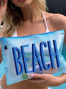 多色網格海灘包印有「Beach」字樣，大容量透明化妝包與尼龍拉鍊盥洗包，輕量設計可收納文件、文具、防曬霜、零食、比基尼、海灘必需品，快乾防沙，適合游泳、海灘、潛水、夏季度假、春夏收納，適用於朋友、家人、閨蜜、同學，生日、節日、派對、婚禮（伴娘）、畢業季，教學包、老師包，完美禮物，適合父親節、日必需品 - 彩色 - 查看 6