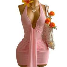 European And American Style Short Summer Dress For 2026: Plain Dress With V-Neck, Open Back And Pleats, For Stylish Girls - Kuning - View 6