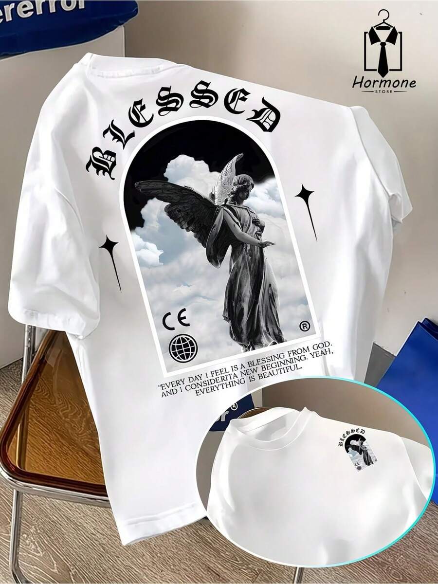 Religious! Versatile Men's Short-Sleeved T-Shirt, Double-Sided Polyester, Streetwear Style, Customized With The Blessed Angel. - 白色 - 查看 1