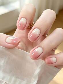 30pcs Cloud Peach Pink To White Gradient Tie Dye Clear Gentle Minimalist Short Square Removable Press-On Nails, Includes 1pc Jelly Glue And 1pc Nail File - Pink - View 1
