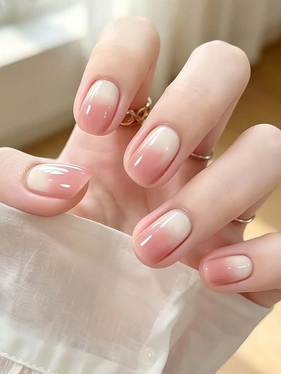 30pcs Cloud Peach Pink To White Gradient Tie Dye Clear Gentle Minimalist Short Square Removable Press-On Nails, Includes 1pc Jelly Glue And 1pc Nail File - Pink - View 1