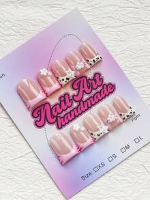 10Pcs Handmade Duck Mouth Y2K Press-On Nails With French TipsNude & Pink Color With French Tips, Floral, Leopard, Daisy, Zebra Patterns, Shiny Finish, Suitable For Party, Great Gift For Women & Girls - Multicolor - View 2