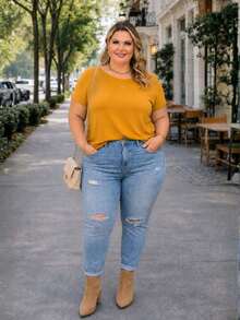 PLUS SIZE PLAIN BLOUSE CASUAL MODERN BASIC CURRENT CONTEMPORARY VISCOLYCRA DAILY WORK - Camel - View 3