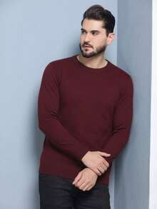 Men's Plain Wool Knit Sweater With Round Neck And Long Sleeves For Winter - Burgundy - View 7