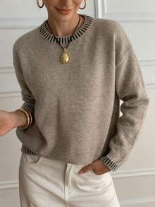 Women's Casual Spring/Autumn , Knit Round Neck Contrast Color Loose Versatile Sweater, Suitable For Commuting And Dating - Khaki - View 2