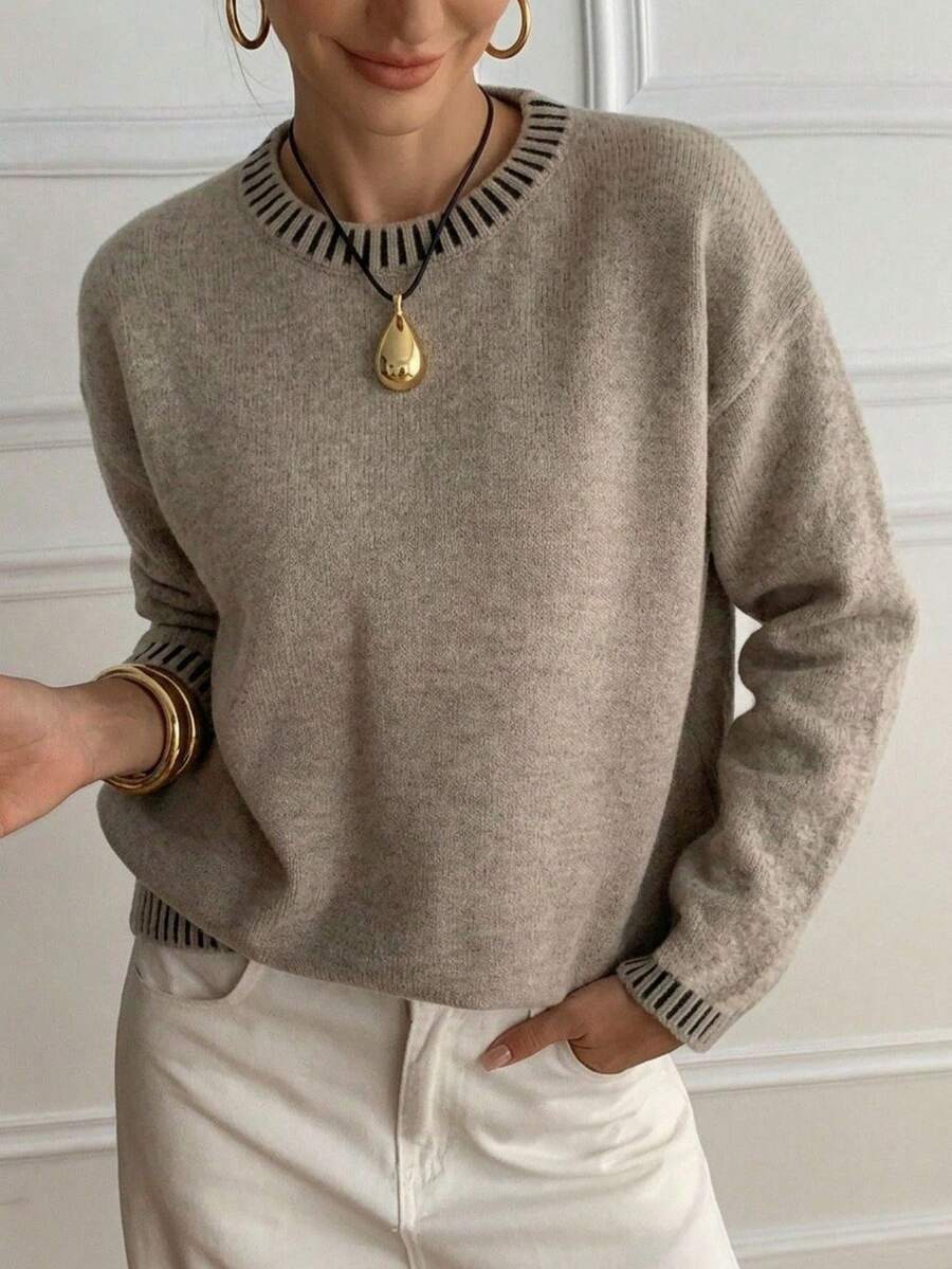 Women's Casual Spring/Autumn , Knit Round Neck Contrast Color Loose Versatile Sweater, Suitable For Commuting And Dating