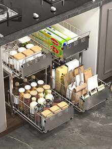 1 Buah Rak Penyimpanan Dapur Tarik Keluar Tugas Berat, Keranjang Penyimpanan 2 Tingkat yang Dapat Dilepas Terbuat dari Baja Karbon, Rak Penyimpanan Serbaguna Beroda untuk Penyimpanan Barang di Bawah Wastafel, Kabinet, dan Meja, Warna Ganda Hitam Perak - MultiWarna - View 4
