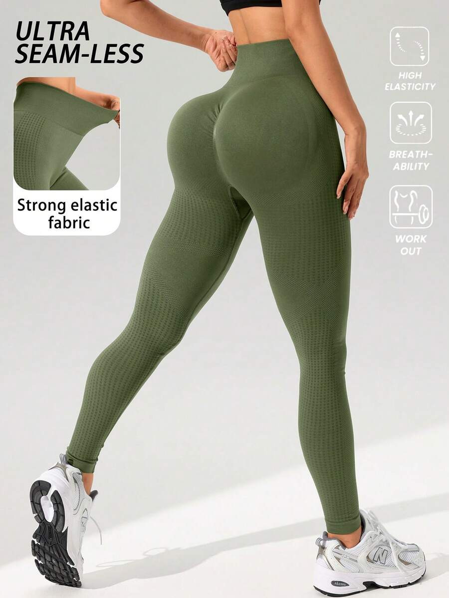 1pc Women's Seamless High Waist Stretchy Sports Leggings, Tummy Control Butt Lifting Yoga Pants, Comfortable Skin-Friendly Fabric, Gym Workout Pants, Perfect For Yoga, Fitness, Running, Outdoor, Daily Wear - Army Green - View 1