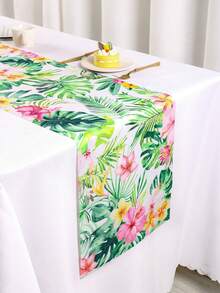 1件夏威夷風桌旗,180*35cm 花卉龜背葉圖案聚酯纖維桌布,夏威夷主題生日派對用品桌旗 - 彩色 - 查看 5