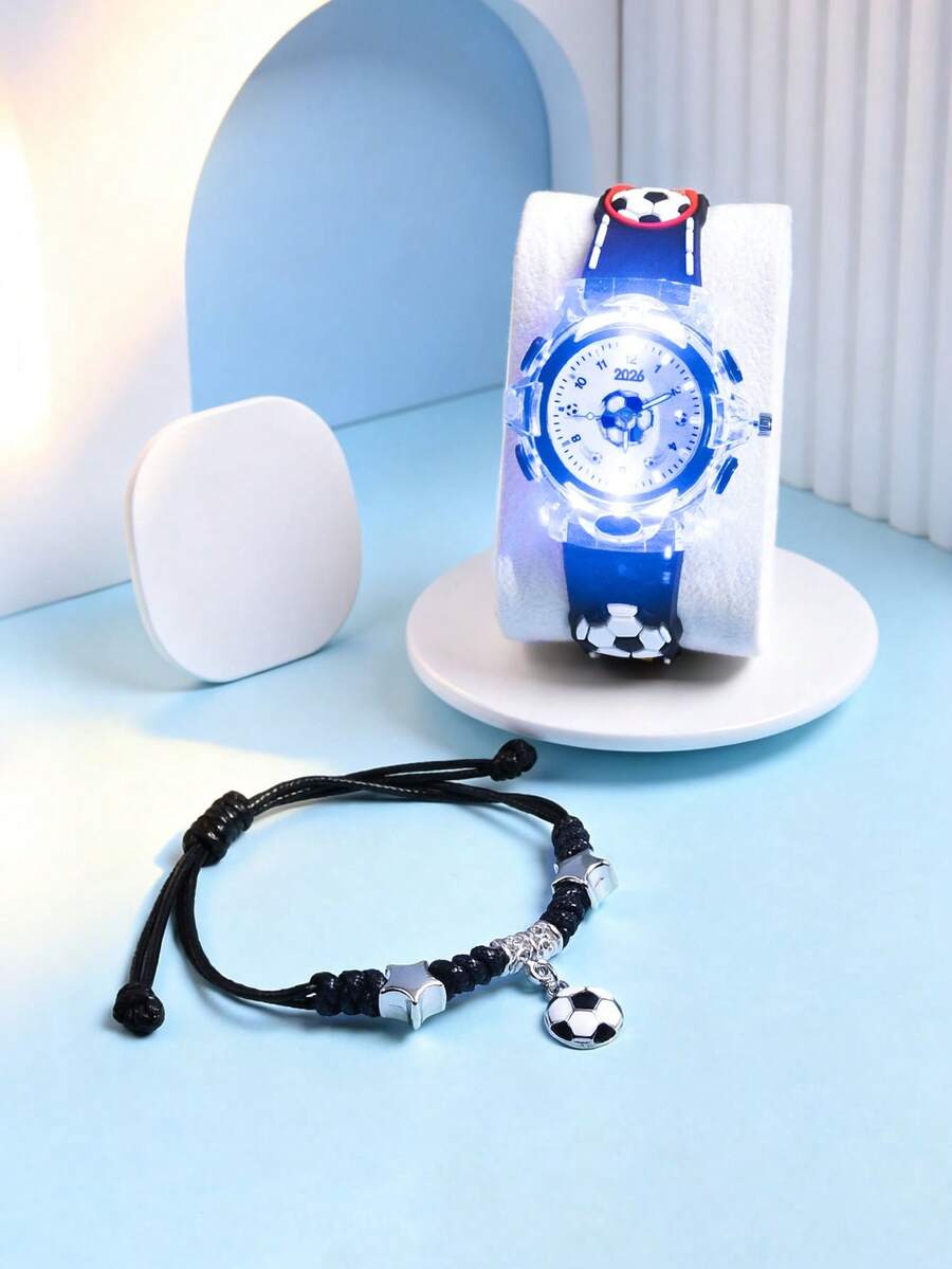 2pcs Boys Gift Set Silicone Strap Soccer Sports Watch Creative Design LED Luminous Student Quartz Wristwatch Adjustable Braided Rope Soccer Bracelet