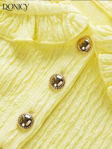 DONICY Women's Light Yellow Mini Dress, Vintage Peter Pan Collar Ruffle Trim Fitted Ribbed Knit Summer Dress - Yellow - View 3