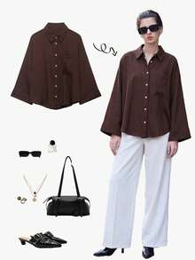 Camisa de manga larga holgada de unicolor simple para mujer, estilo cómodo y casual para ir al trabajo, primavera/verano - Café integral - Ver 2