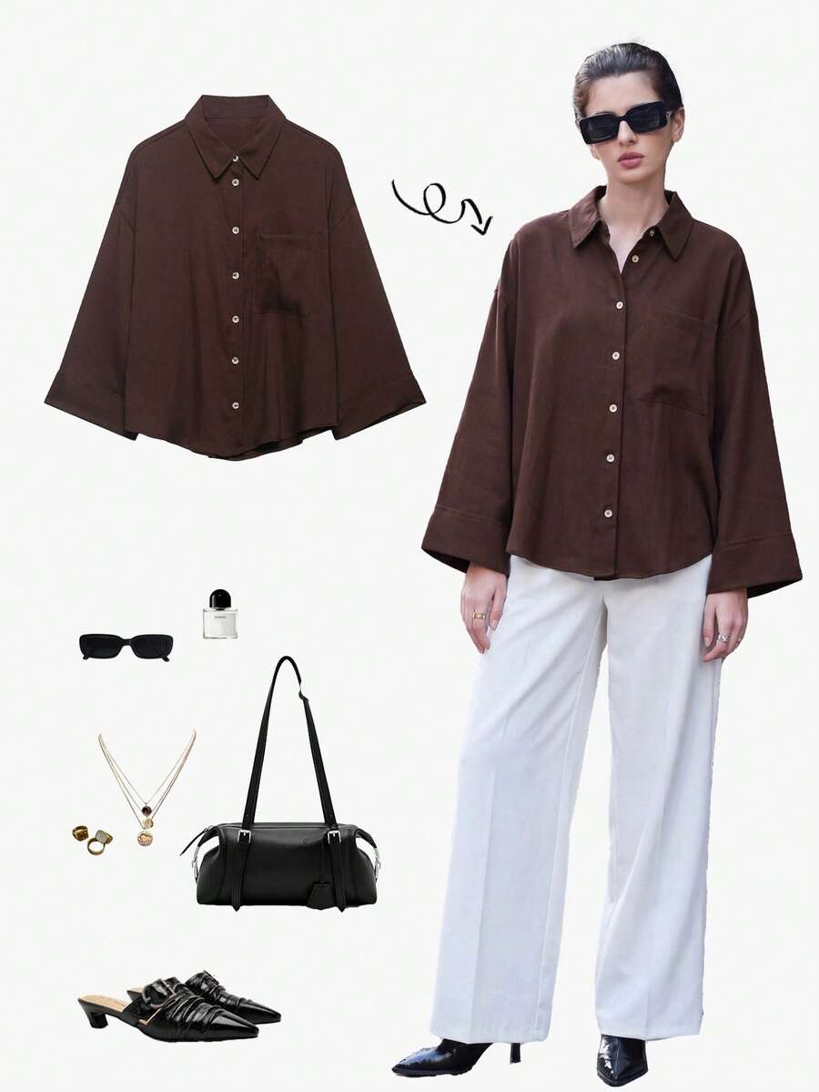 YROOE Women's Simple Loose Solid Color Long Sleeve Shirt, Comfortable Casual Commuting Style, Spring/Summer - Coffee Brown - View 1