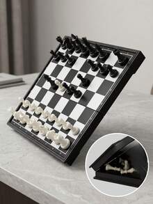 1 Set Magnetic Chess Set, Foldable Portable Chessboard With Magnetic Chess Pieces, Waterproof Indoor Strategy Board Game, Suitable For Adults And Children Travel Family Gathering Gift - Black and White - View 4