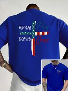 Defiéndete de la bandera, arrodíllate ante la cruz, nueva camiseta de cuello redondo para hombre con estampado de doble cara, top holgado de moda casual y deportiva, de manga corta para estu - Blanco - Ver 6