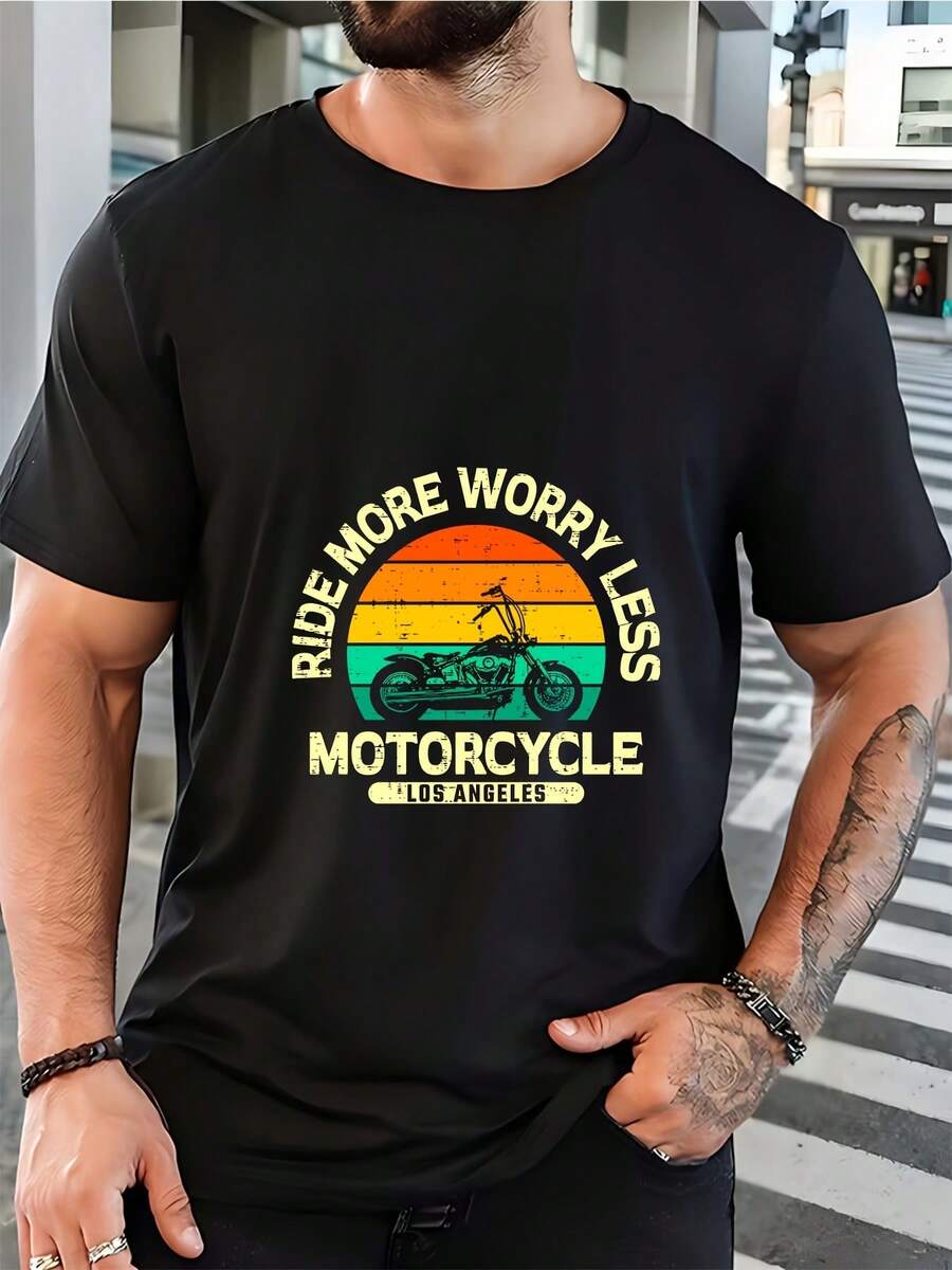 Conduce conás alegría, preocúpate menos. Camiseta de motociclista - Idea de regalo de primavera para papá, camiseta suave de 180G, manga corta con diseño retro para hombre, regalo de cumpl - Negro - Ver 1