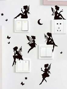 1 Set (6 Stücke) Schwarze Silhouette Feen Schalter Wandaufkleber, PVC selbstklebend abnehmbare Aufkleber mit Schmetterling, Stern, Mondsichel Magie Elementen, Prinzessin Schlafzimmer Steckdosenblende, INS verträumter Märchenstil Mietwohnung Renovierung DIY Wanddekoration - Wandaufkleber - Übersicht 10