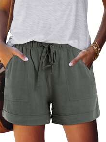 Women's Casual Shorts With Adjustable Drawstring, Elastic Waistband, Solid Color, Lightweight, For Summer Beach, With Pockets - 乳白色 - 查看 9
