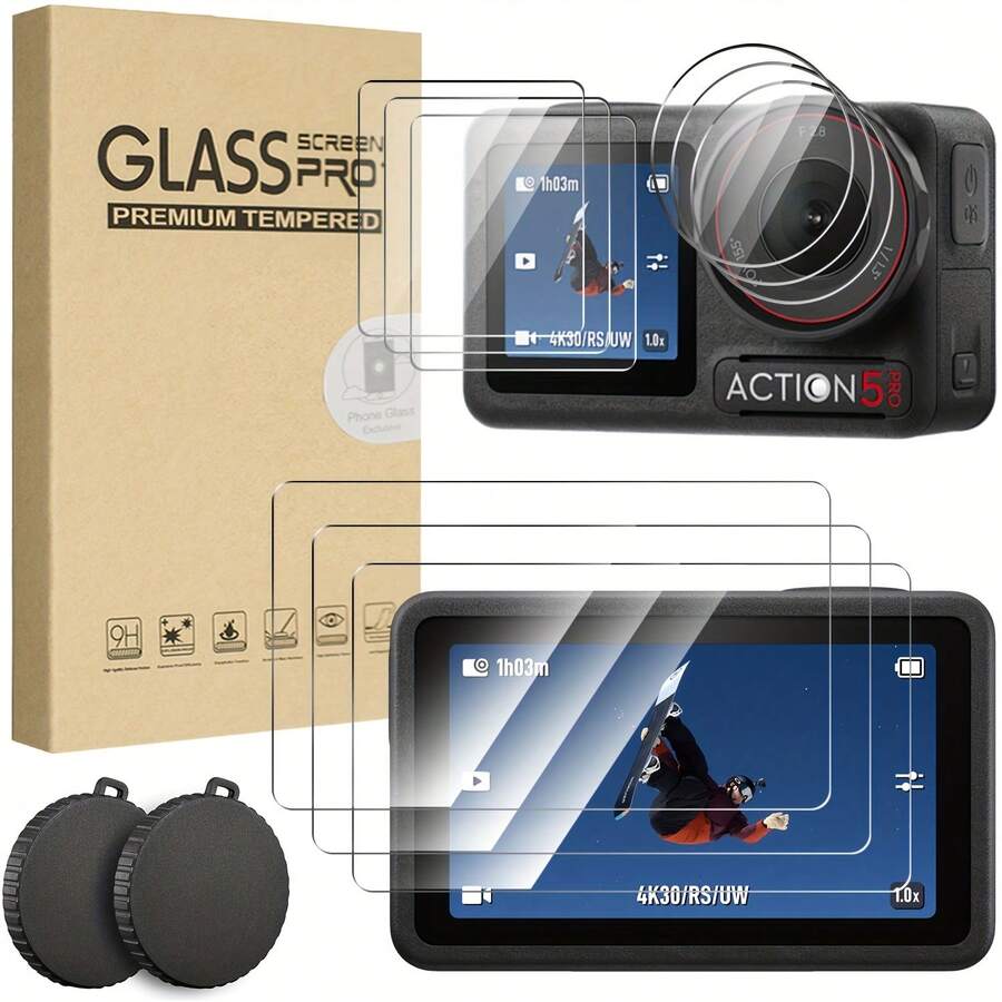 11pcs Screen Protector Set For Osmo Action 5 Pro, Includes 3pcs Tempered Glass Front Lens/Rear Screen Protectors, 2pcs Lens Caps, Compatible With Action 5 Pro