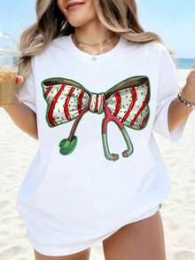 Women's Casual White T-Shirt With Stethoscope Print And Christmas Bow, Casual Beach Outfit For Daytime, Summer Top, Gift For Nurses And Doctors, Fashion - 白色 - 查看 1