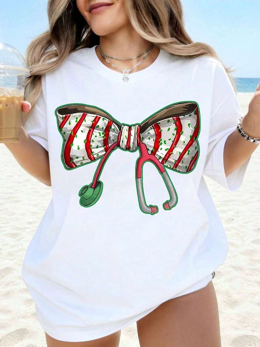 Women's Casual White T-Shirt With Stethoscope Print And Christmas Bow, Casual Beach Outfit For Daytime, Summer Top, Gift For Nurses And Doctors, Fashion - 白色 - 查看 1