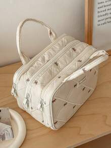 Gentle Beige Apricot Bowknot Embroidered Quilted Diamond Pattern Portable Makeup Bag For Cosmetics And Skincare Storage - Apricot - View 7