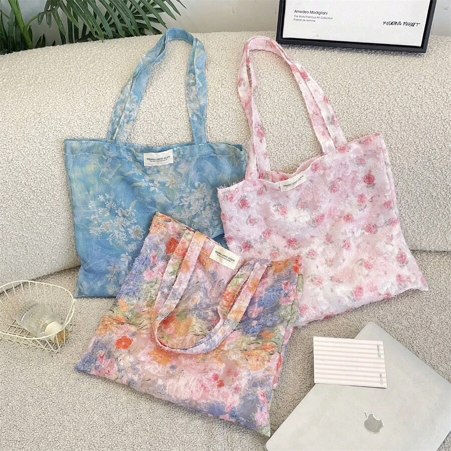 Bolso Tote Floral Colorido con Acabado Texturizado, Bolso Estilo Coreano para Niñas para la Escuela y el Desplazamiento con Gran Capacidad Bolso de Hombro