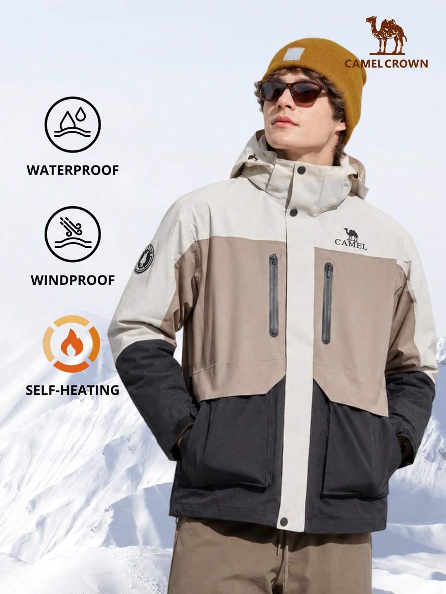CAMEL CROWN Chaqueta impermeable, a prueba de viento y cálida con capucha, chaqueta con carga exterior - Gris avena/Marrón oliva/Negro fantasma - Ver 1