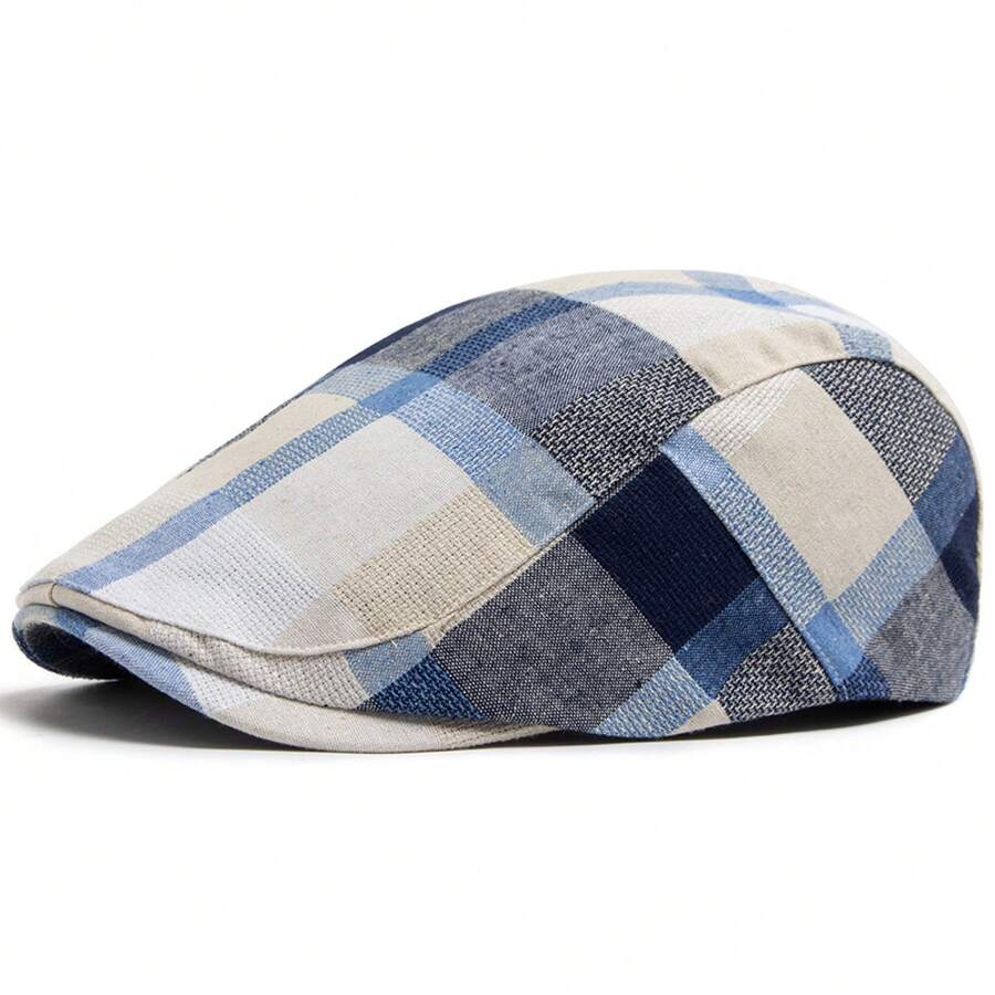 Vintage Tartan Plaid Linen Flat Cap Men Lightweight Breathable Check Ivy Gatsby Hat Casual Outdoor Driving Newsboy Cabbie Beret Cap - Light Blue - Plaid - View 1