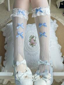 1 Pair Girls Spring/Summer Thin Lace Trim Multi-Bow Lolita JK Sweet Fishnet Socks - Multicolor - View 11