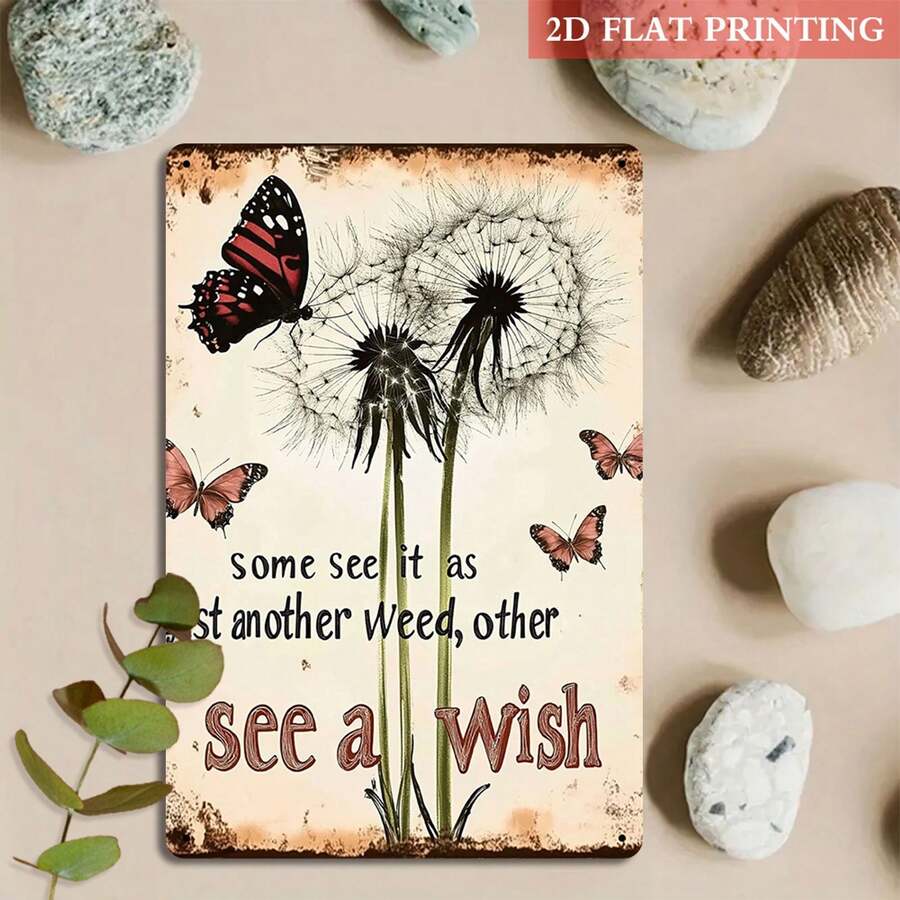 2D Panel – An Inspirational Metal Decorative Plaque Featuring A 2D Floral Design Of Dandelions And Butterflies, Measuring 20.32x 30.48 Cm. With A Vintage Aesthetic And Artistic Flair, It's Perfect For The Living Room, Bedroom, Or Study.