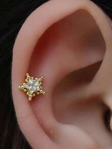 1pc Hypoallergenic Non-Fading Star Stud Earrings 14K Gold Plated Stackable Style Suitable For Upper Ear, Mid-Ear, Outer Ear Helix, Small Ear Cartilage, Anti-Tragus, Cochlear Piercing - A Pair Of Round Beaded  Star Earrings - View 3