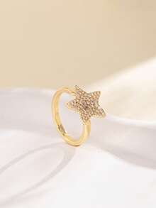 1pc Adjustable Copper Star Ring, CZ Paved Sparkly Star Design, Women's Open Ring, Birthday Valentine's Daily Wear Gift Jewelry - Multicolor - View 1