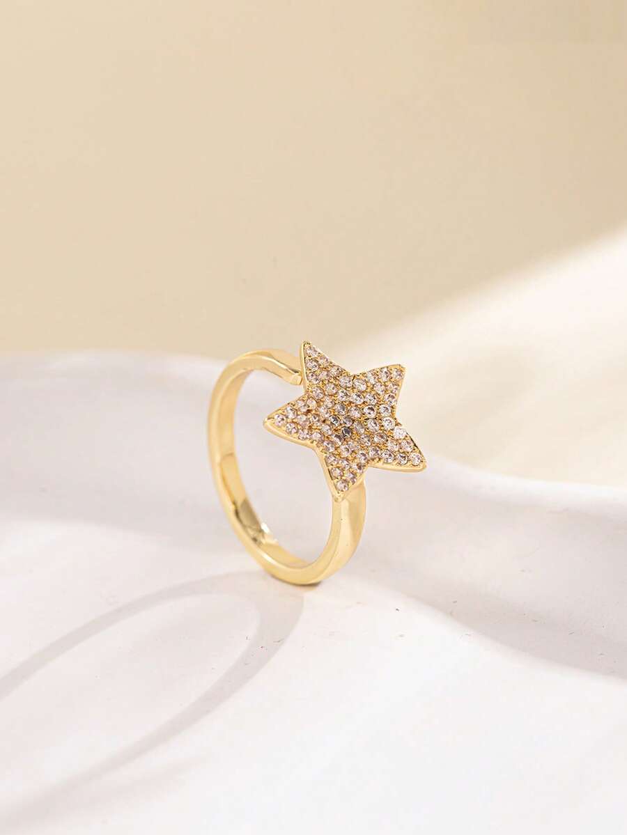 1pc Adjustable Copper Star Ring, CZ Paved Sparkly Star Design, Women's Open Ring, Birthday Valentine's Daily Wear Gift Jewelry - Multicolor - View 1
