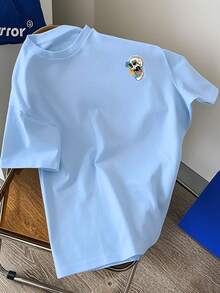 Estilo tropical, estampado de calaveras tanto en la parte delantera como en la trasera, nueva camiseta de cuello redondo para hombre, top holgado de moda casual y deportiva, camiseta de mang - Blanco - Ver 10