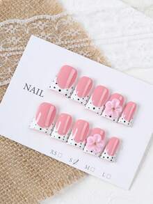 10Pcs Sweet Style Duck Bill Press On Nails, Nude Pink Polka Dot French False Nails Decorated With 3D Pink Flowers And Gold Beads, Glossy Handmade Reusable Nail Tips For Daily Work, Dating And Travel, Ideal Gift For Women. - Follow Your Heart - View 5